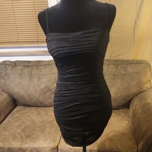 AKIRA Black Ruched Mini Dress W/ Wire Bra Lining & Adjustable Spaghetti Strap